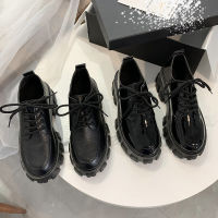 Womens Black Platform Shoes, Vintage College Style Leather Shoes (Round Toe, Lace-up, Patent Leather)