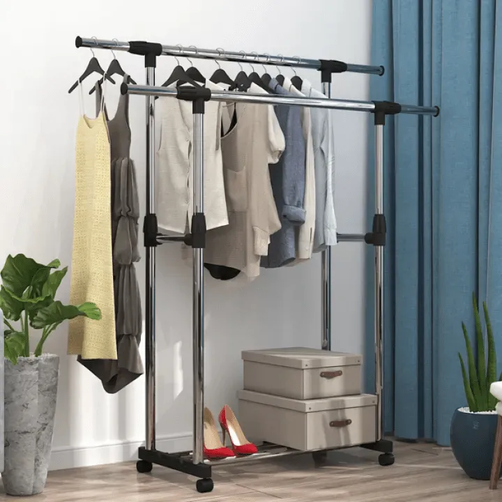 Indoor Double pole with rollers Adjustable Rolling Clothes Hanger Coat