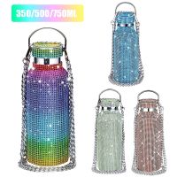 350ml/500ml/750ml Bling Diamond Thermos Bottles Portable Glitter Rhinestone Water Bottle Crossbody Stainless Steel Thermal New