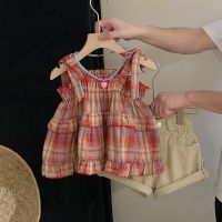 Spot parcel post Girls Summer Set 2023 New Korean Style Plaid Sling for Little Girls Children Stylish Shorts Internet Hot Two-Piece Suit