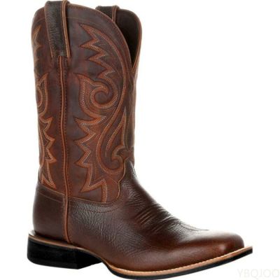 TOP☆Men Boots Mid Calf Western Cowboy Motorcycle Boots Male Autumn Outdoor PU Leather Totem Med-Calf Boots Retro Designed Men Shoes