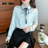 AOLINA 2022 Retro Simple พิมพ์ผ้าไหม Crepe De Chine Strappy เสื้อผู้หญิงหลวมผ้าไหมหม่อนผู้หญิงเสื้อแขนยาว