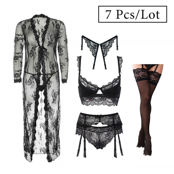 2021Varsbaby Sexy Lace Push Up Lingerie Set Nightgown+Bra+ Panties+ Stockings +Y-line Straps +Thong 7 Pcs