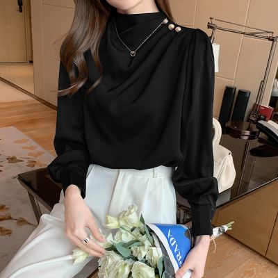 Elegant Spring Womens Clothing Bubble Long Sleeve Slim Satin Shirts Solid Color OL Korean Style Chiffon Blouse