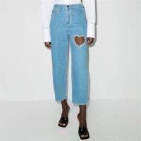 【YD】 new womens wash high waist heart-shapedhollow out diamond-encrustednine-point jeans y2k fashionstraight leg