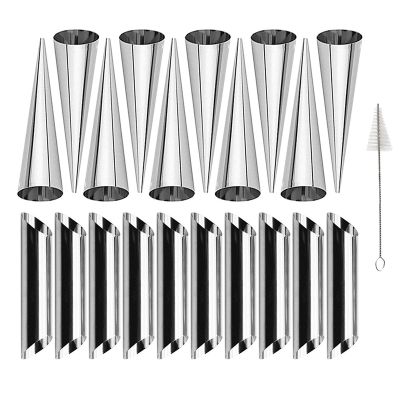 20Pcs Stainless Steel Cone Tubular Shaped Mold for Cannoli Tubes with Cleaning Brush