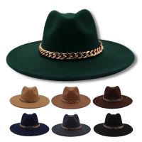 9.5Cm Big Wide Brim Fedora Hat For Women Casual Gold Metal Chain Party Felt Hats Mens Jazz Hat Fashion Elegant Trilby Dress Hat