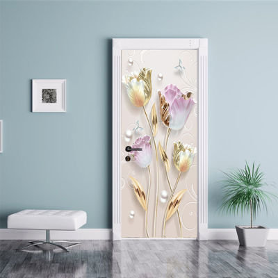 โกลเด้นดอกไม้3D ประตูสติ๊กเกอร์กันน้ำกาวตนเองพีวีซีห้องนอนห้องน้ำประตูตกแต่งสติ๊กเกอร์