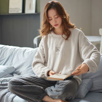 autumn and winter new flannel pajamas womens long sleeved trousers round neck pullover plush thickened casual home clothes