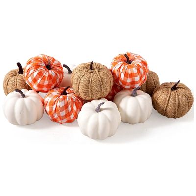 12Pcs Assorted Fake Pumpkins Artificial Farmhouse Harvest Pumpkins for Fall Wedding Thanksgiving Halloween Decoration