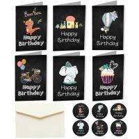 6sets Happy Birthday Card Cute Cartoon Dinosaur Cake Gift Postcard with Envelope Sticker Birthday Party Invitation Greeting Card
