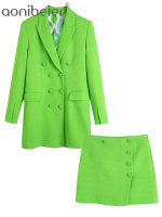 Aonibeier 2022 Spring Women Casual Traf Tweed Jacket Long Sleeve Ornate Buttons Slim Blazer + Mini Skirt Office Lady Green Sets