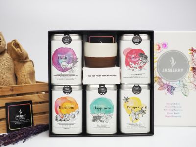 Jasberry ชุดของขวัญ เซตชาแจสเบอร์รี่ 5 สี และแก้วเซรามิก ชุด C-06 Gift Set 5 Colors Organic Herbal Tea Blend + Ceramic Mug (1000 g)