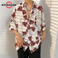 KYUSHUAD เสื้อแขนสั้นฮาวายคอวีสำหรับผู้ชาย เสื้อเชิ้ตแขนสั้นมีกระดุมทรงหลวม