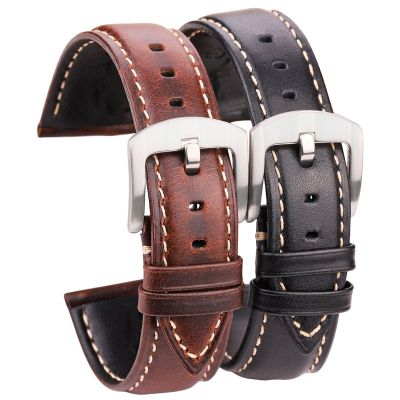 Oil Wax Cowhide Watch Band Strap Women Men Black Brown Smooth Genuine Leather Watchband 18 19 20 21 22 24mm Belt