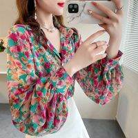 ☬♛ Flower Print Long-Sleeved Chiffon Shirt Temperament Loose Lapel Blouse Lantern Sleeve Fashion Top Womens Clothing