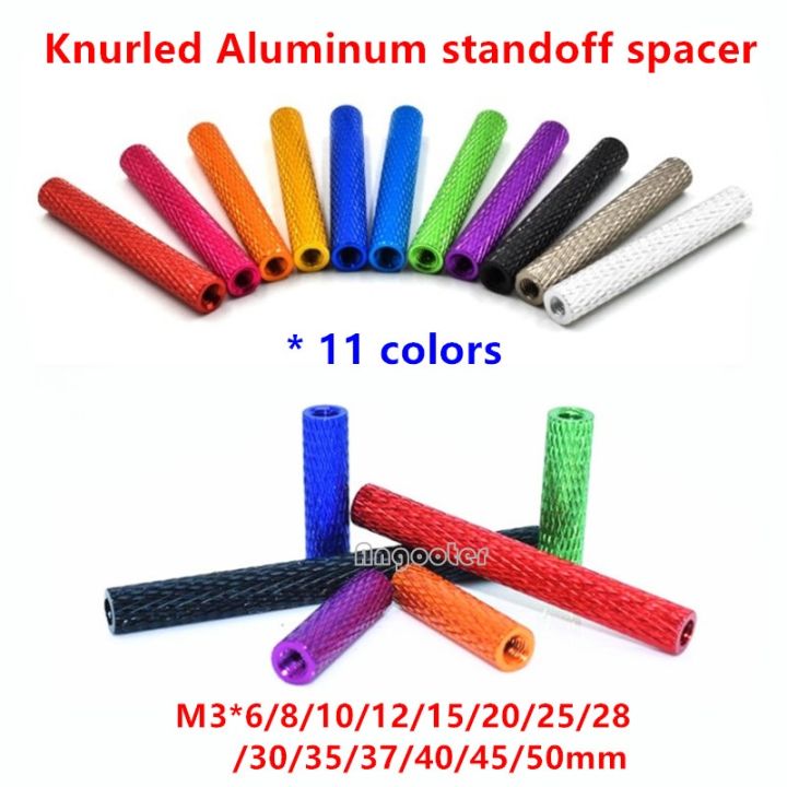 10pcs-lot-aluminum-standoffs-m3-colourful-round-aluminum-knurled-spacer-standoff-studs-m3x6-8-10-15-20-25-28-30-35-37-40-45-50mm