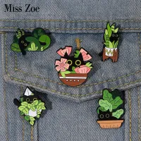 【YF】 Cats Enamel Pins Custom Black Potted Brooches Lapel Badges Fun Plant Jewelry Gift for Kids Friends