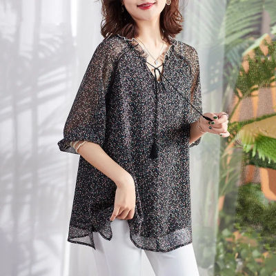 2022 Women Floral Shirt New Large Size Fashionable Retro Style V-neck Design Sense Casual Loose Chiffon Shirt Top