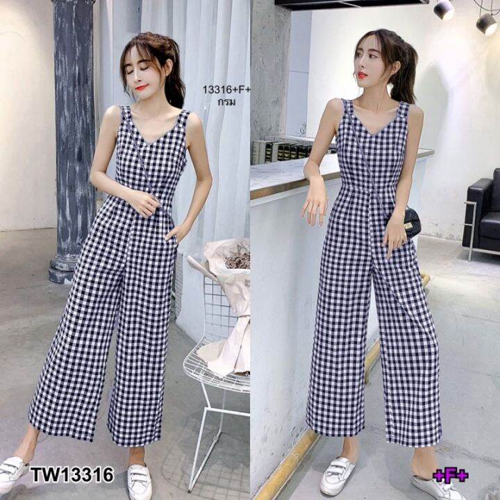 tw13316-jumpsuit-จั้มสูทแขนกุดลายสก็อตขากระบอก