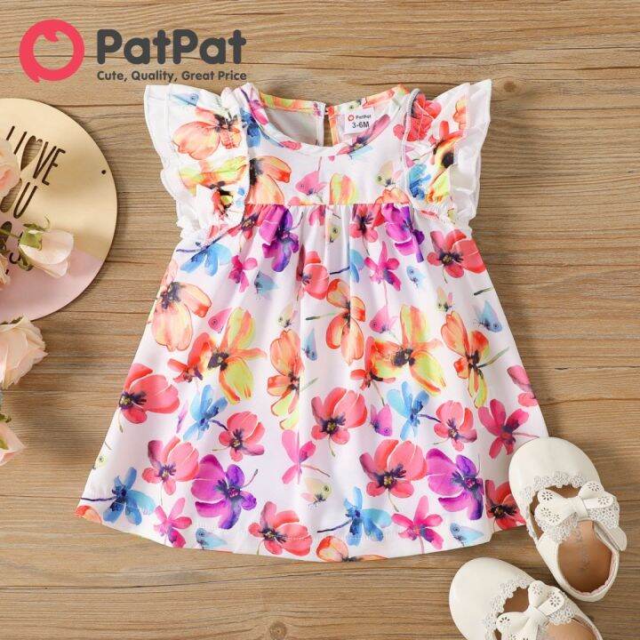 PatPat Baby Girl Dress Allover Floral Print Ruffled Sleeve Dress