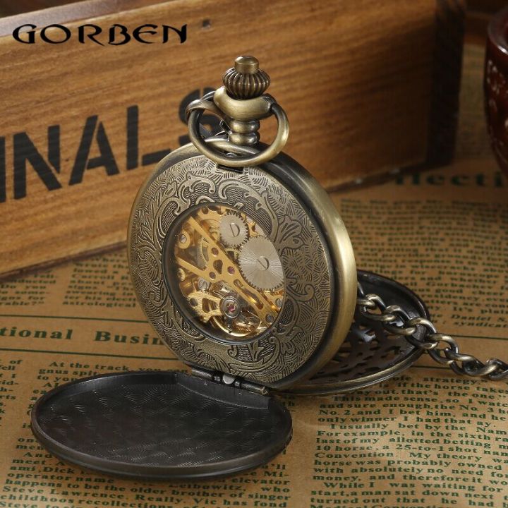 gorben-หน้าปัดตัวเลขโรมันกลไกสตีมพังก์กลวงแบรนด์วินเทจนาฬิกาพกของขวัญผู้ชายโซ่สร้อยคอพันด้วยมือ