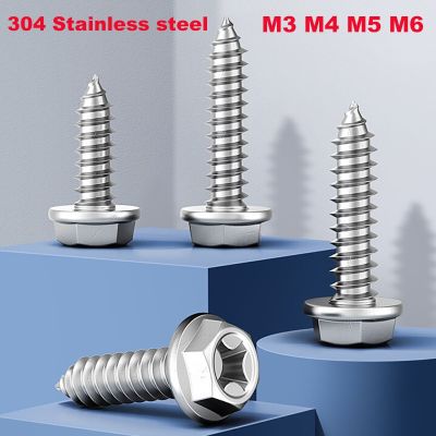 304 Stainless Steel Cross Flange External Hexagonal Self Tapping Screw With Gasket Self Tapping Screw Wood Screw M3 M4 M5 M6 Nails Screws Fasteners