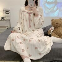 【 WYIN kitchen】 2023 Spring Sweet Princess Long Sleeve Cotton Print Nightgowns for Women Korean Cute Bow Sleepwear Night Dress Nightdress Nighty