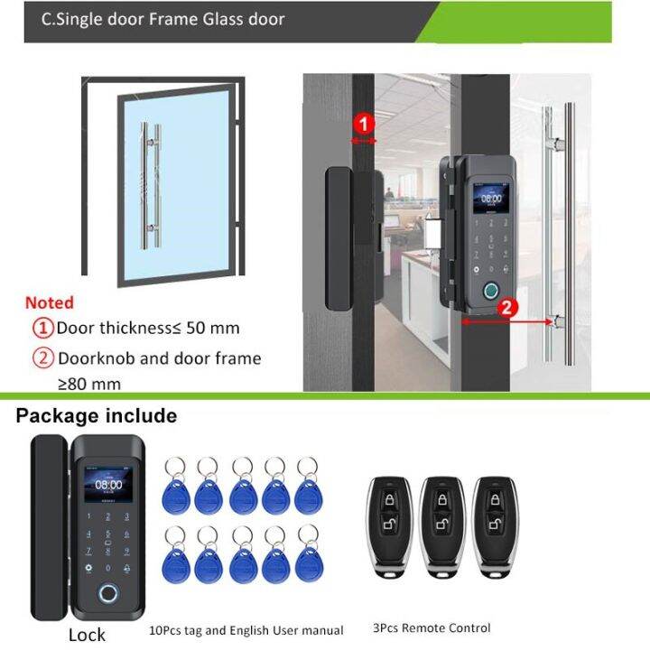 รีโมทคอนโทรลอัจฉริยะประตูบานกระจกแบบเลื่อนนิรภัยไร้กรอบล็อคตะขอด้วยลายนิ้วมือสำหรับผู้ใช้2000ออฟฟิศที่มีความจุแบตเตอรี่-aa