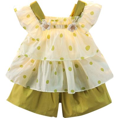 【Ready】🌈 Girls two-piece suit summer new style foreign style thin cotton Korean fashionable princess tide 3 baby girl sleeveless shorts 2