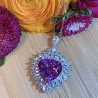 Huitan Gorgeous Charming Heart Purple CZ Wedding Necklace for Women Brilliant Neck Accessories Party Ladys New Trendy Jewelry