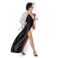 Cruella 101 Dalmatians Dog Dress Cloak ชุดฮาโลวีนสำหรับผู้หญิงปลอมตัวแม่มดผู้ใหญ่ Demon Cruella คอสเพลย์อะนิเมะ Wigs Robe