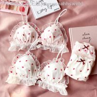 【CW】┇✜  2018 new young girls wire free sleep underwear lace love embroidery thin cup with pad  lingerie bra and panty set