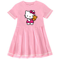 ชุดเดรสเด็กผู้หญิงเด็กน้อยผ้าฝ้ายพิมพ์ลายหมี Hello Kitty ชุดชุดเด็กผู้หญิงเสื้อผ้าการ์ตูน