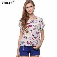 YRRETY เสื้อลิปสติกเสื้อสตรีแขนสั้นลายขวางเสื้อเชิ้ตลายสก๊อตผ้าชีฟองพิมพ์ลายนกดอกทานตะวันของผู้หญิงเสื้อดาวฤดูร้อน