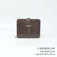 Prang Crocodile Leather Short Bi-fold Wallet กระเป๋าสตางค์สองพับสั้น หนังท้องจระเข้​ C-W22S(S)โบว์-AY