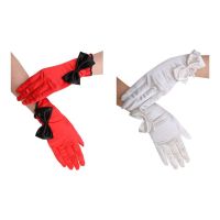 ♙❈ Women Solid Color Short Wedding Gloves Big Bowknot Oblique Cuffs Prom Bridal Full Fingered Mittens