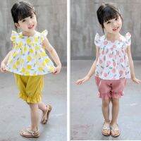 Baby Girls Flare Sleeve Fruit Print T-shirt Blouse Tops+ Shorts Pants 2Pcs Set Casual Clothers 0~4 Years Old