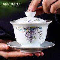 Gaiwan เซรามิกส์เคลือบสีสำหรับใช้ในครัวเรือนถ้วยน้ำชาเครื่องกระเบื้องสีขาวเซรามิกจีนอุปกรณ์โต๊ะน้ำชาน้ำชางานตามสั่งทำด้วยมือ