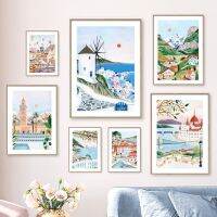 ☢㍿ สีสันโรมเวนิส Santorini Cityscape Travel Wall กrt ภาพวาดผ้าใบ Nordic โปสเตอร์พิมพ์ภาพผนังสำหรับตกแต่งห้องนอน