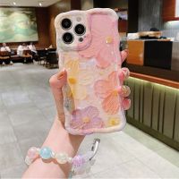 Suitable For iphone 14 pro max 14ProMax Ladies Gift Oil Painting Colorful Flowers Hand lanyard Phone Case iPhone 11 12 13 Pro Max Soft IMD Shockproof Bumper Wavy Frame TPU Cover