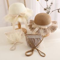 【CW】Girls Bow Tie Breathable UV Protection Lace Pearl Handbag Bags Kids Beach Hat Sun Cap Straw Cap