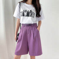 Seoulish 2021 New Summer Womens Shorts with Belted Solid High Waist Office Wide Leg Shorts Elegant Purple Loose Trousers Pocket