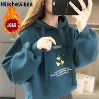 Micchow Lee เสื้อฮู้ดสไตล์เกาหลีสำหรับผู้หญิง,เสื้อฮู้ดขนแกะปัก MODE Korea เสื้อสวมคอมีฮู๊ดเสื้อแขนยาวดูดีสไตล์ Ins สำหรับผู้หญิง