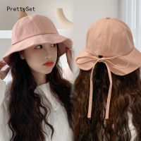 Prettyset】หมวกแก๊ปชาวประมงผูกโบว์ฤดูร้อนหมวกกันแดดปีกผูกโบว์กว้างปรับได้หางม้าหมวกถังชายหาดหมวกกันแดดกลางแจ้งปานามา