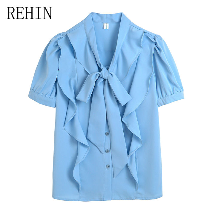 rehin-เสื้อชีฟองแขนพองแต่งโบว์สำหรับผู้หญิง-เสื้อเสื้อผู้หญิงแขนสั้นผ้าชีฟองไซส์-s-xxl-สีน้ำเงินหรูหราใหม่ฤดูร้อน