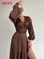 【YF】 OOTN Elegant Brown Asymmetrical Wrap Dresses For Women Sexy Satin Lantern Sleeve Dress 2023 Lace Up Midi High Waist Autumn