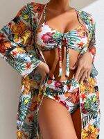 hotx 【cw】 Floral Print Knot Front Bikinis 2022 Sleeve 3 Pieces Swimwear Female Waist Swimsuit  Bathing