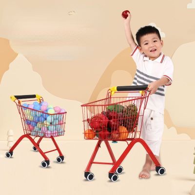 Foldable Child Trolley Cart with 4 Wheels Pretend Play Shopping Cart Toy Metal Tube Grocery Cart for 2-6 Years Old Baby Kids