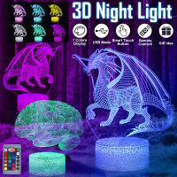 โคมไฟตั้งโต๊ะหลากสี3D มังกรบิน7สี/3สีโคมไฟ USB รีโมทคอนโทรลไฟระบบสัมผัสไฟ LED กลางคืนไฟสเตอริโอภาพของขวัญสุดสร้างสรรค์พร้อมรีโมทคอนโทรล/สวิตช์สัมผัส